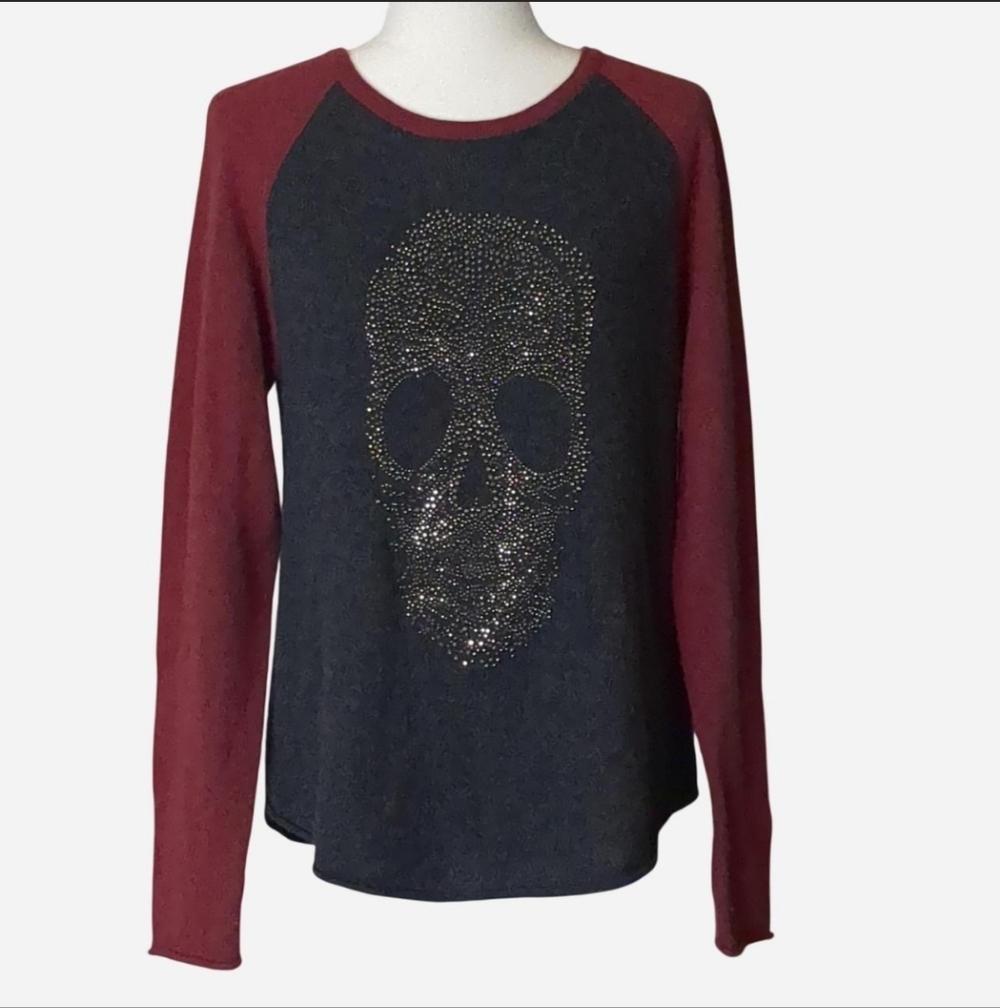 27 Miles Malibu Patricia Cashmere Rhinestone Skull Sweater Size M Gray Maroon